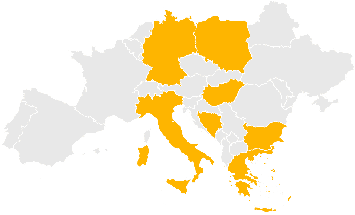 Europakarte, in der unsere aktuellen Kooperationspartner in Plolen, Ungarn, Italien, Bosnien, Griechenladn und Bulgarien farblich markiert siind